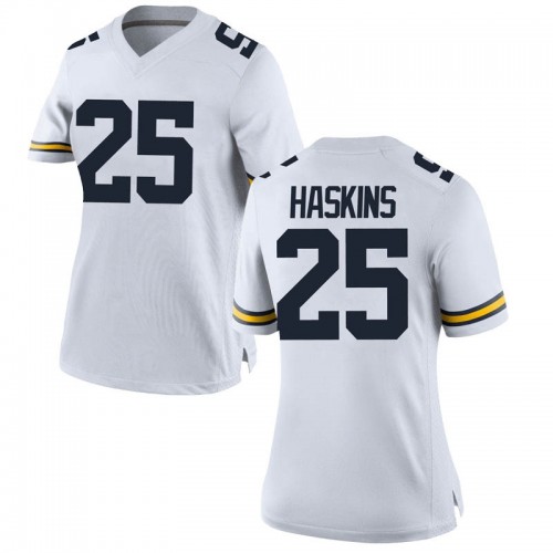 Hassan Haskins Michigan Wolverines Women's NCAA #25 White Game Brand Jordan College Stitched Football Jersey YJW2154BE